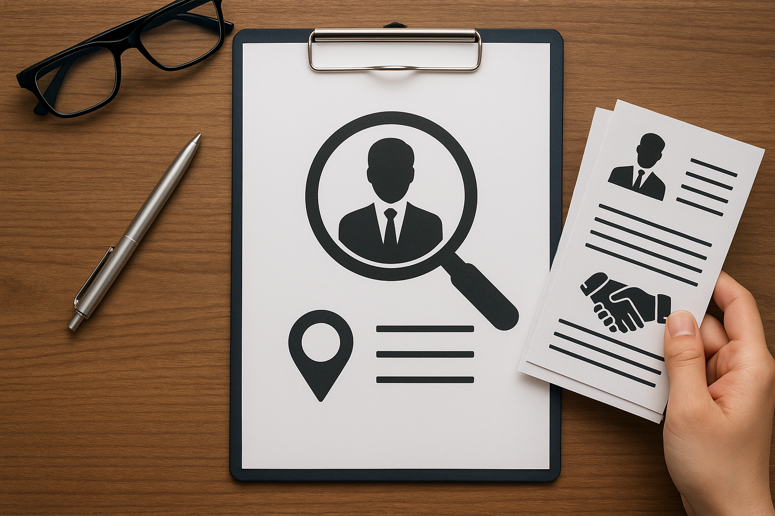 Recruiting services: magnifying glass over person, location pin, and handshake